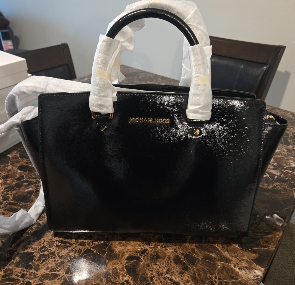 Michael Kors Black Patent Satchel with Gold Hardware